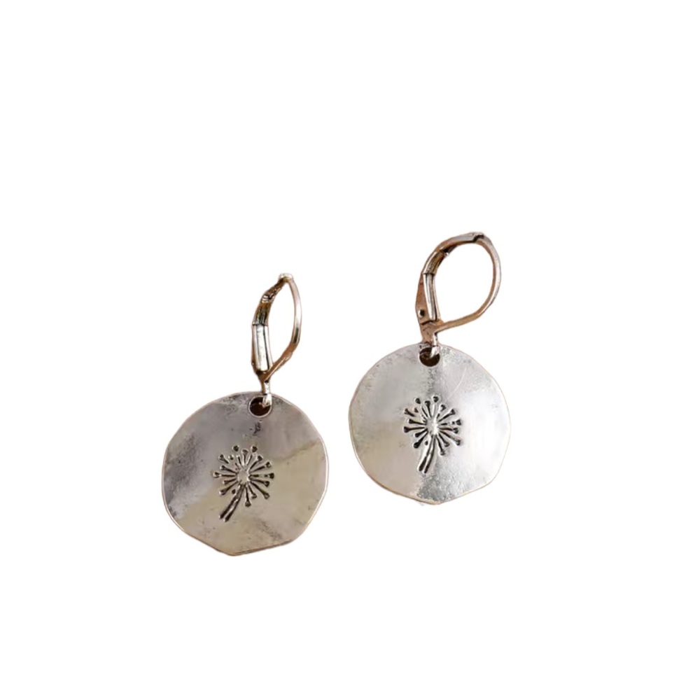 Boho Engraved Dandelion Silver Drop Hinge Earrings